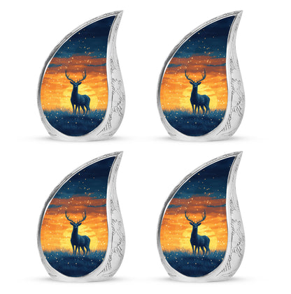 Twilight Blue Deer Cremation Urn close-up of engraving and surface detail - graceful tear-shaped urn with deer motif - 10 inch aluminum urn for cremated remains