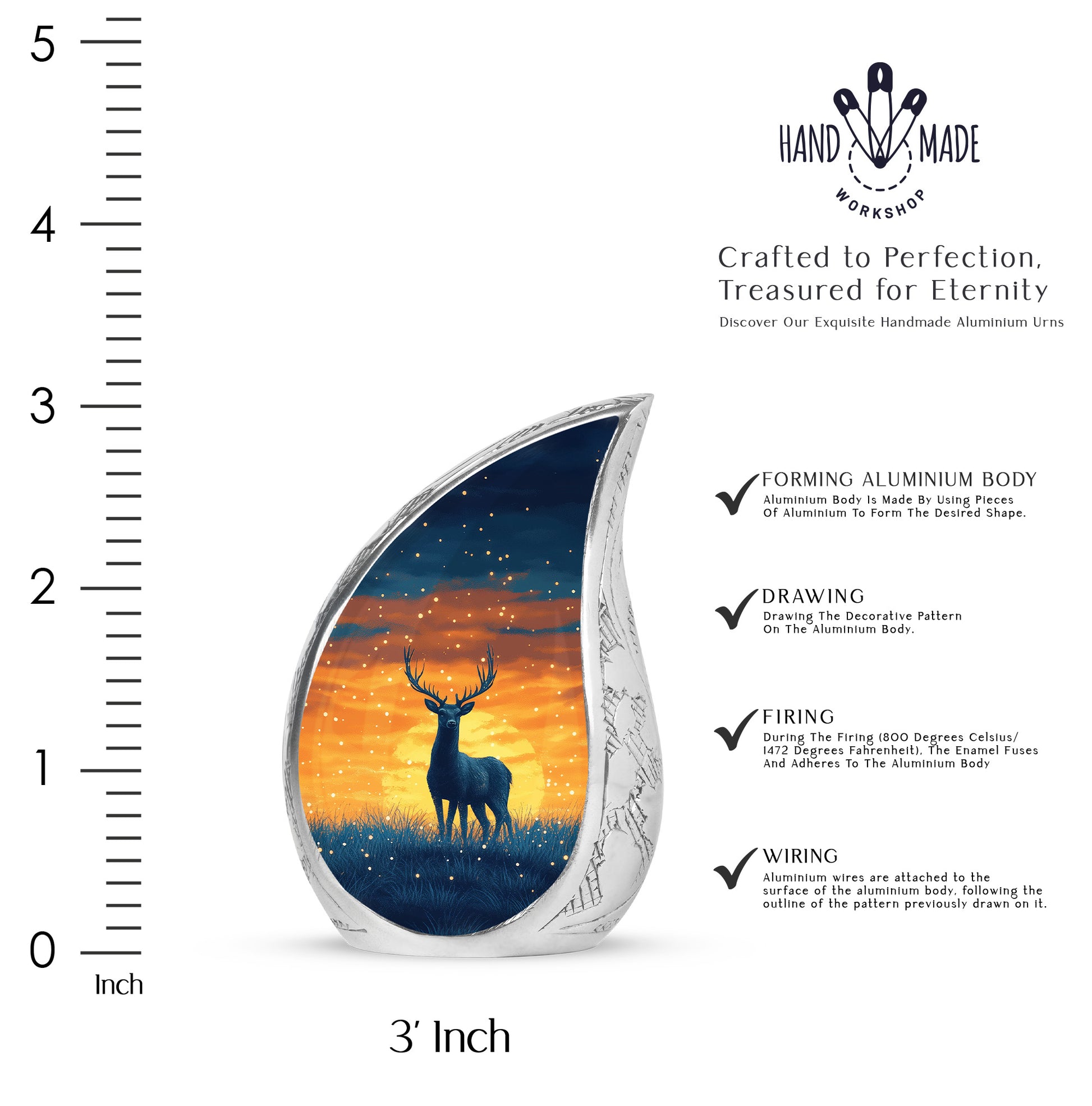 Icy Blue Deer Cremation Urn angled view of lid and engraved motif - flowing teardrop deer silhouette on curved aluminum - mini keepsake memorial for portion of cremation ashes