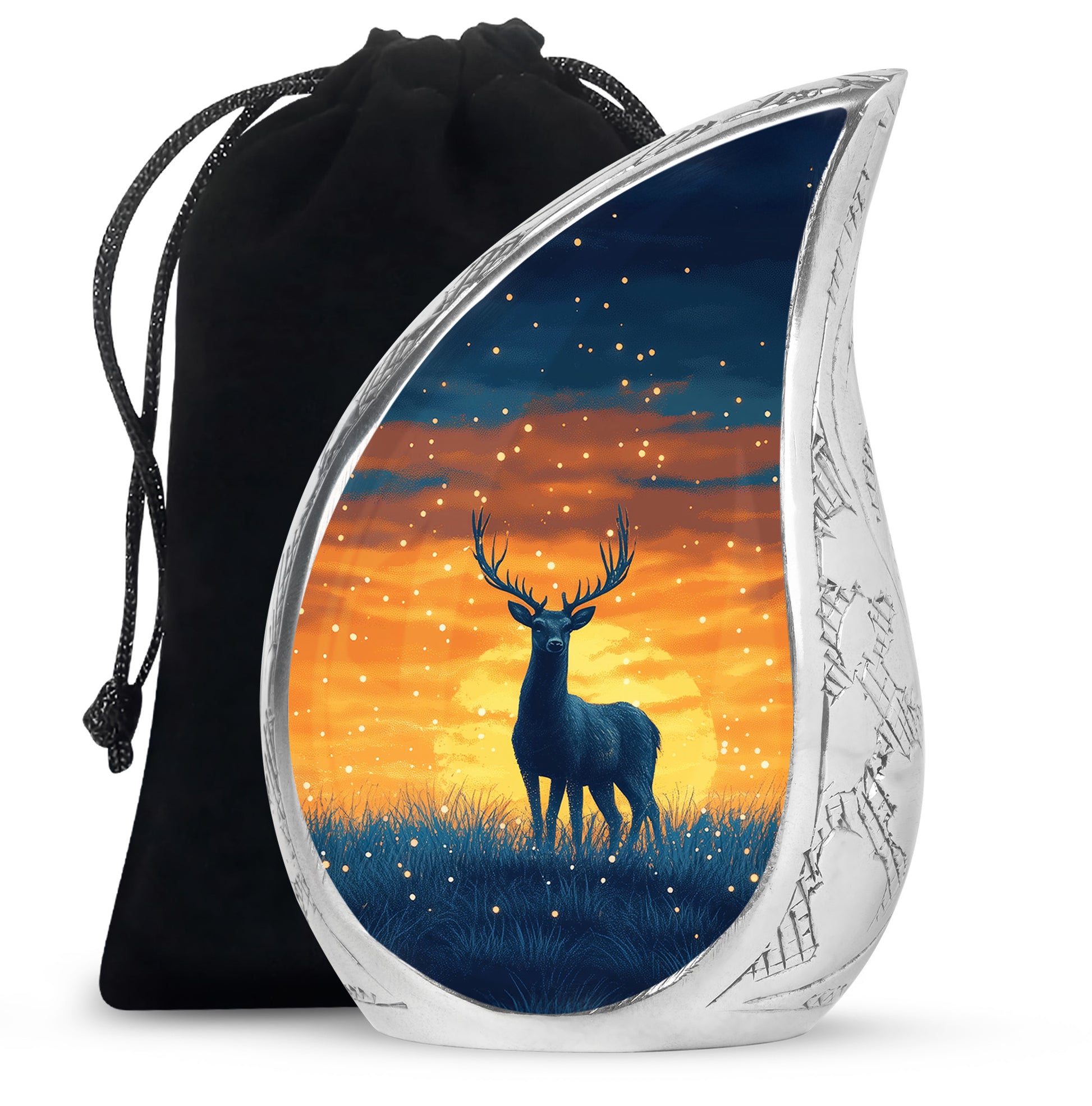 Steel Blue Deer Cremation Urn front view showing detailed design - graceful tear-shaped urn with deer motif - full-size 10 inch 200 cubic inch adult cremation urn