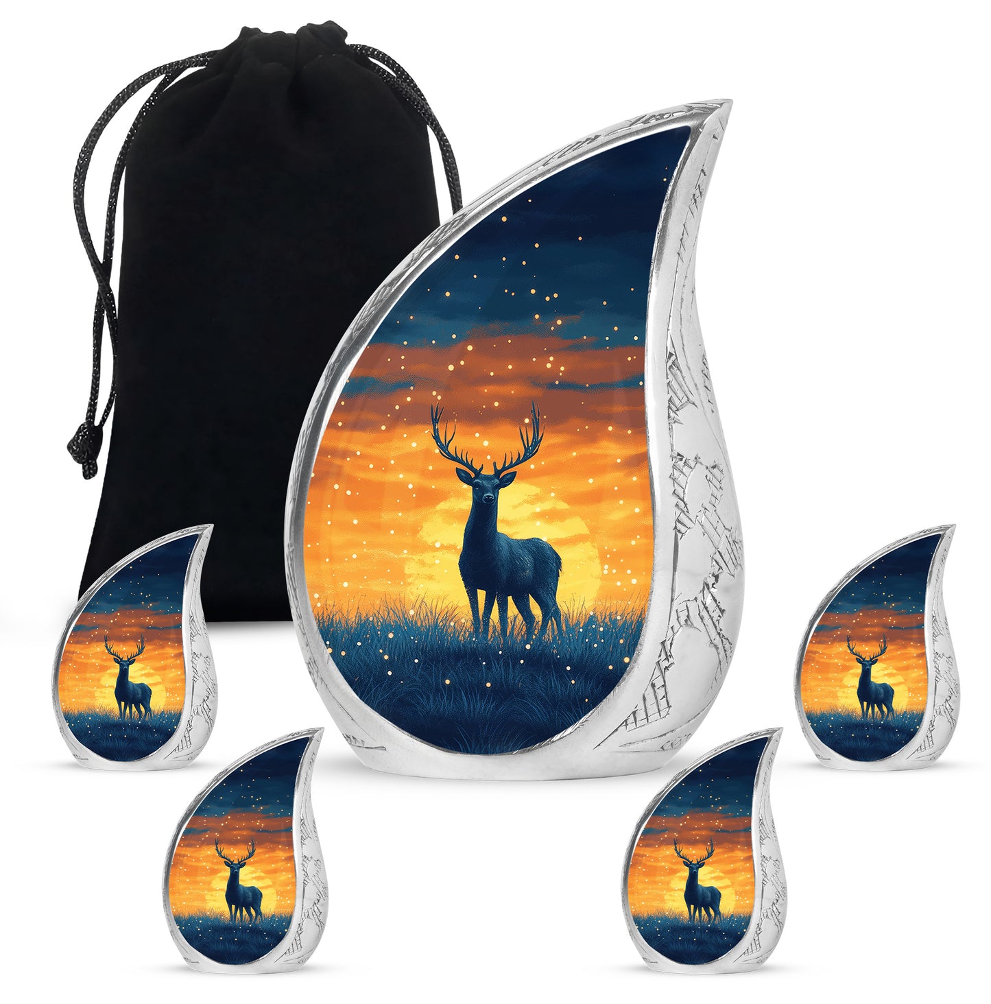 Twilight Blue Deer Cremation Urn side profile showing urn shape - smooth teardrop contour featuring deer art - memorial set with one large and four small urns