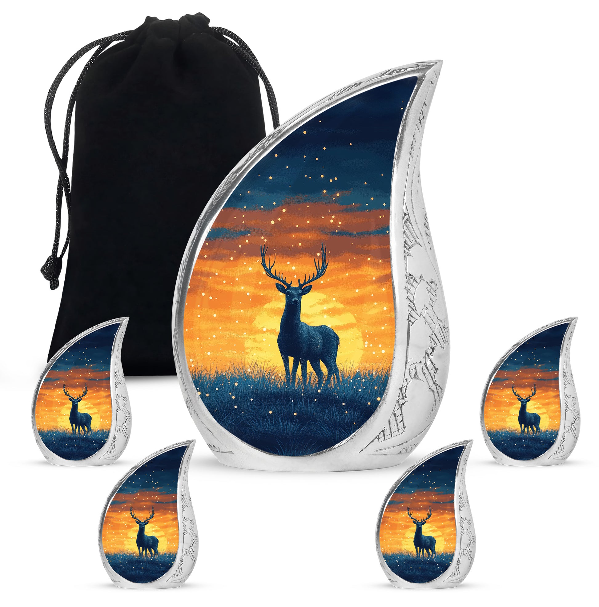 Twilight Blue Deer Cremation Urn side profile showing urn shape - smooth teardrop contour featuring deer art - memorial set with one large and four small urns