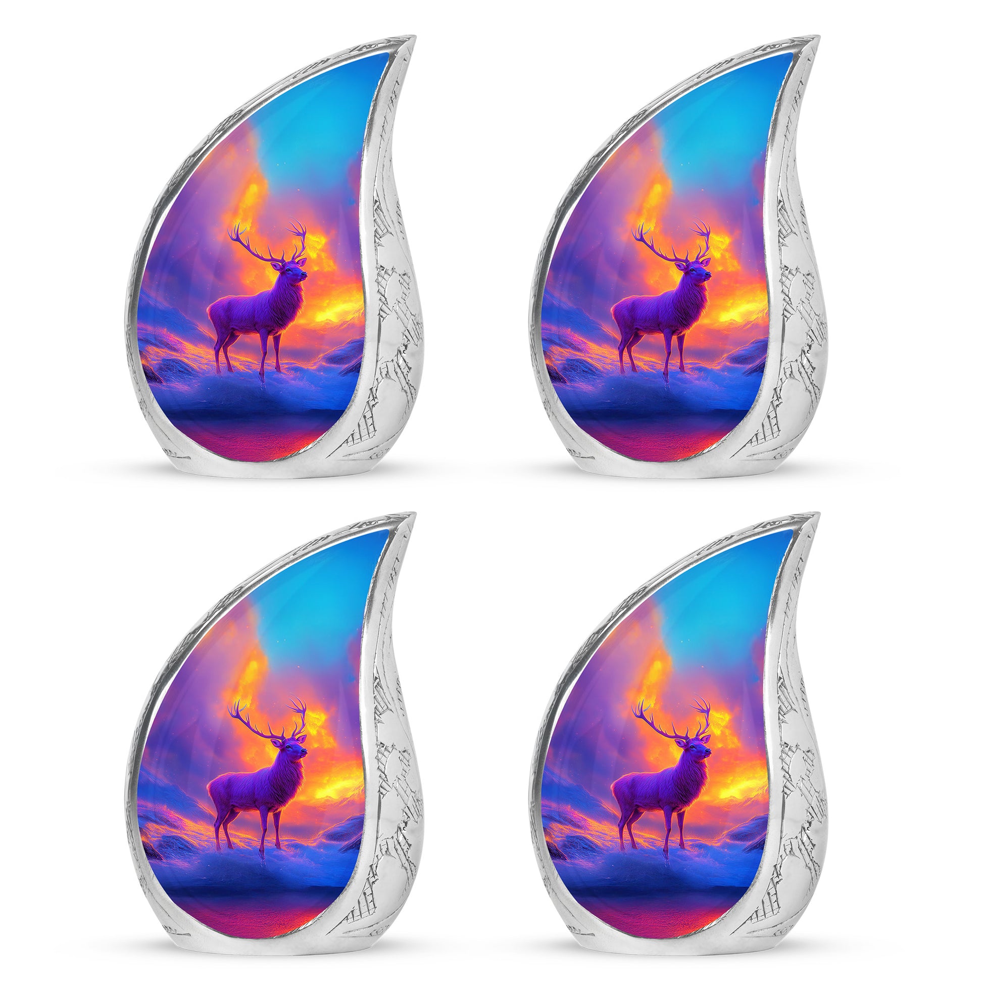 Amethyst Purple Deer Cremation Urn close-up of engraving and surface detail - rounded teardrop deer design with delicate detail - 10 inch aluminum urn for cremated remains