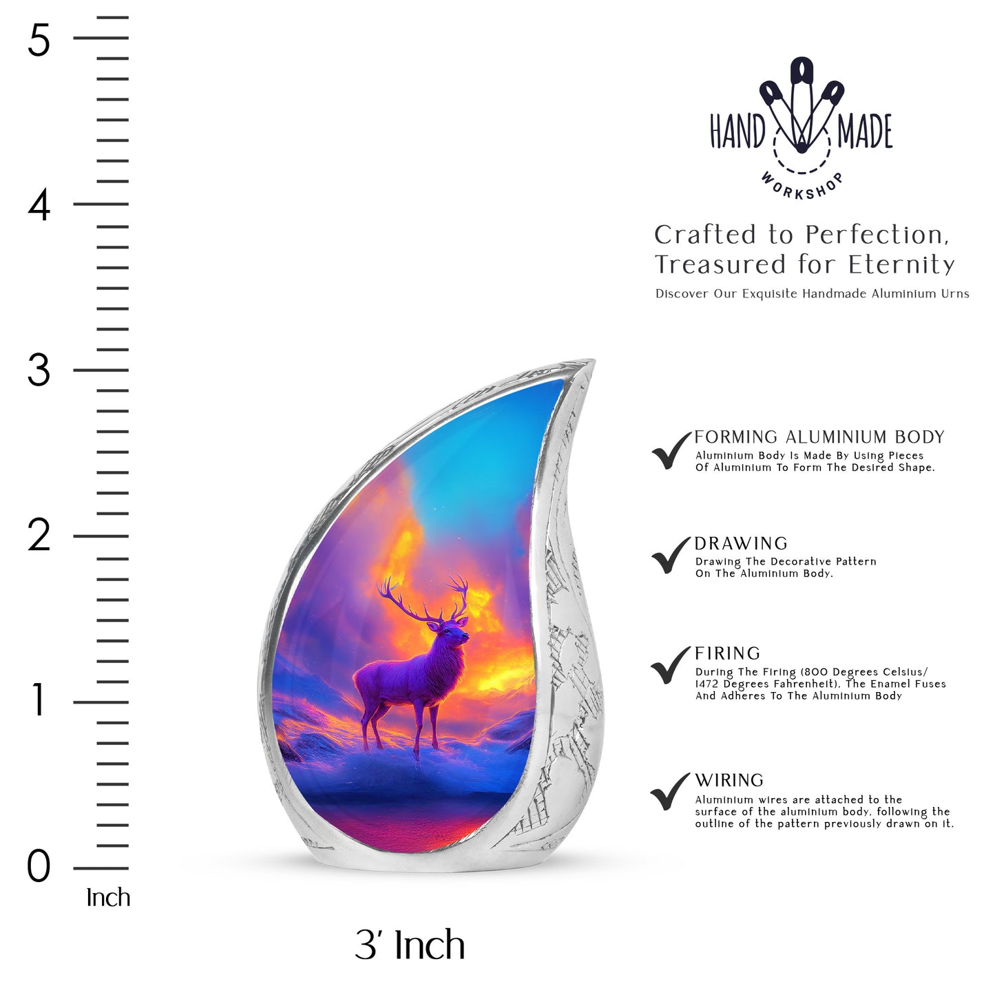 Violet Purple Deer Cremation Urn angled view of lid and engraved motif - graceful tear-shaped urn with deer motif - mini keepsake memorial for portion of cremation ashes