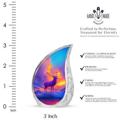 Violet Purple Deer Cremation Urn angled view of lid and engraved motif - graceful tear-shaped urn with deer motif - mini keepsake memorial for portion of cremation ashes