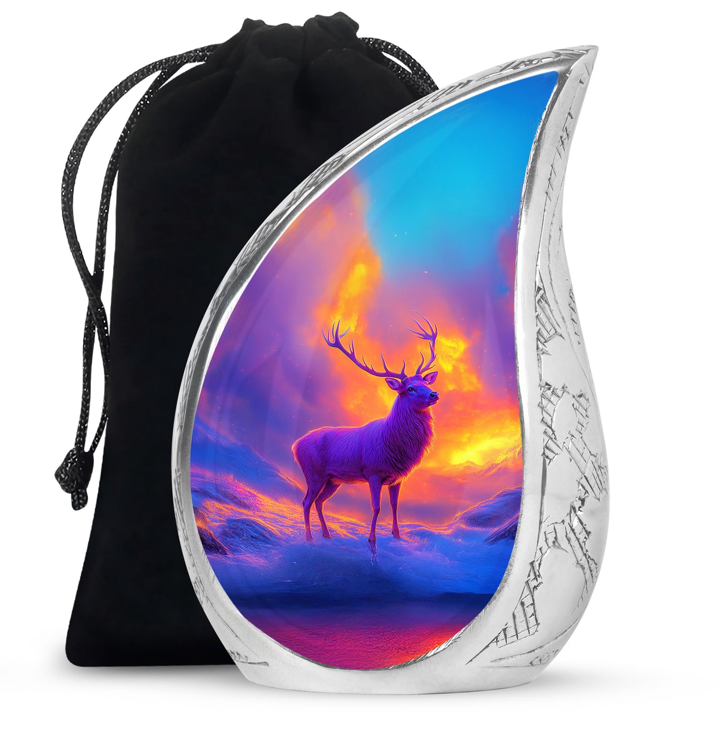 Lavender Purple Deer Cremation Urn front view showing detailed design - graceful tear-shaped urn with deer motif - full-size 10 inch 200 cubic inch adult cremation urn