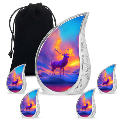 Violet Purple Deer Cremation Urn side profile showing urn shape - smooth teardrop contour featuring deer art - memorial set with one large and four small urns
