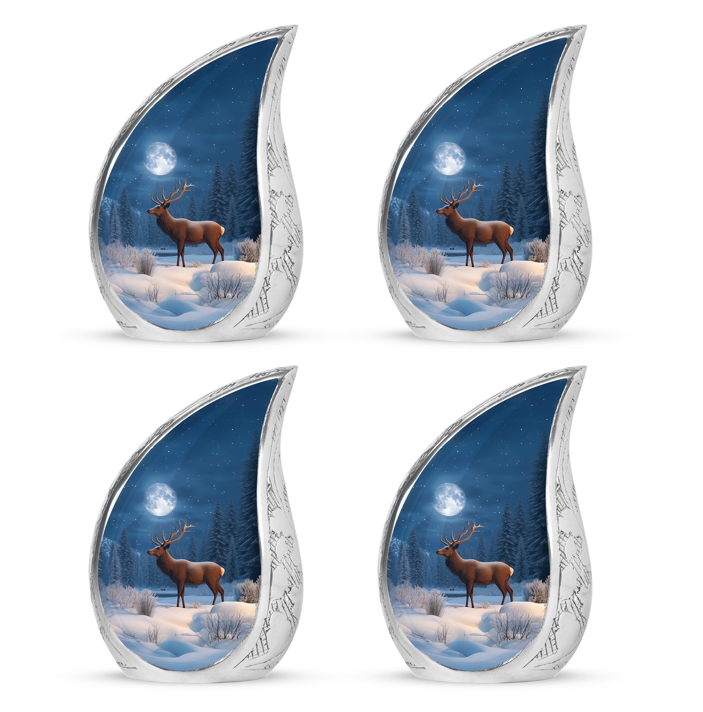 Azure Deer Cremation Urn close-up of engraving and surface detail - flowing teardrop deer silhouette on curved aluminum - 10 inch aluminum urn for cremated remains
