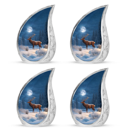 Azure Deer Cremation Urn close-up of engraving and surface detail - flowing teardrop deer silhouette on curved aluminum - 10 inch aluminum urn for cremated remains