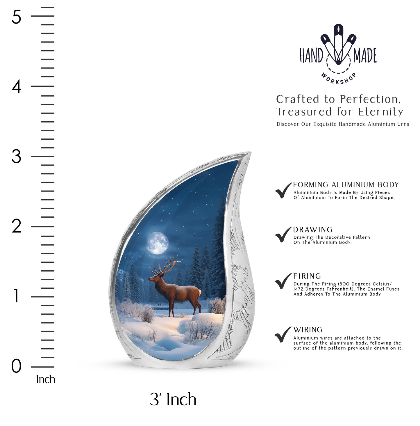 Misty Blue Deer Cremation Urn angled view of lid and engraved motif - rounded teardrop deer design with delicate detail - mini keepsake memorial for portion of cremation ashes