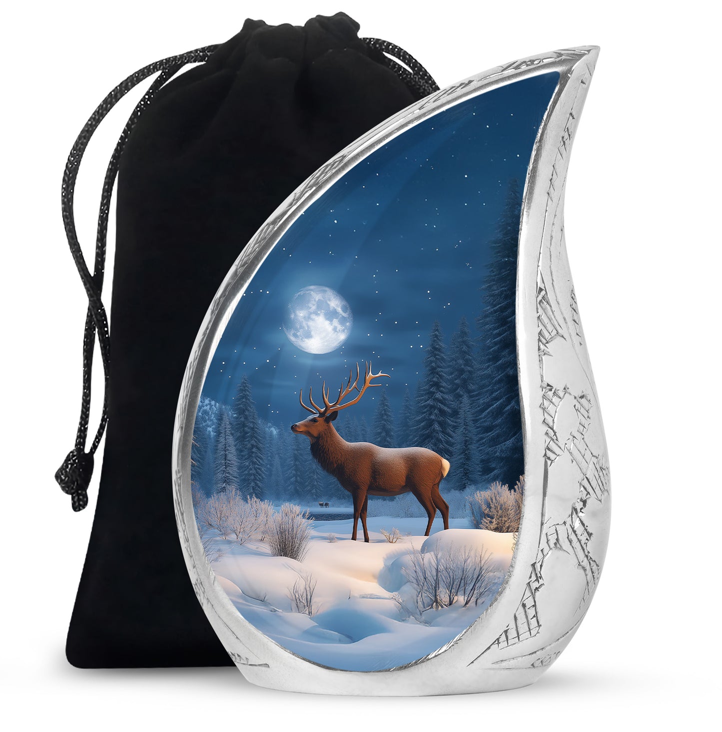 Sky Blue Deer Cremation Urn front view showing detailed design - rounded teardrop deer design with delicate detail - full-size 10 inch 200 cubic inch adult cremation urn