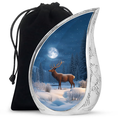 Sky Blue Deer Cremation Urn front view showing detailed design - rounded teardrop deer design with delicate detail - full-size 10 inch 200 cubic inch adult cremation urn