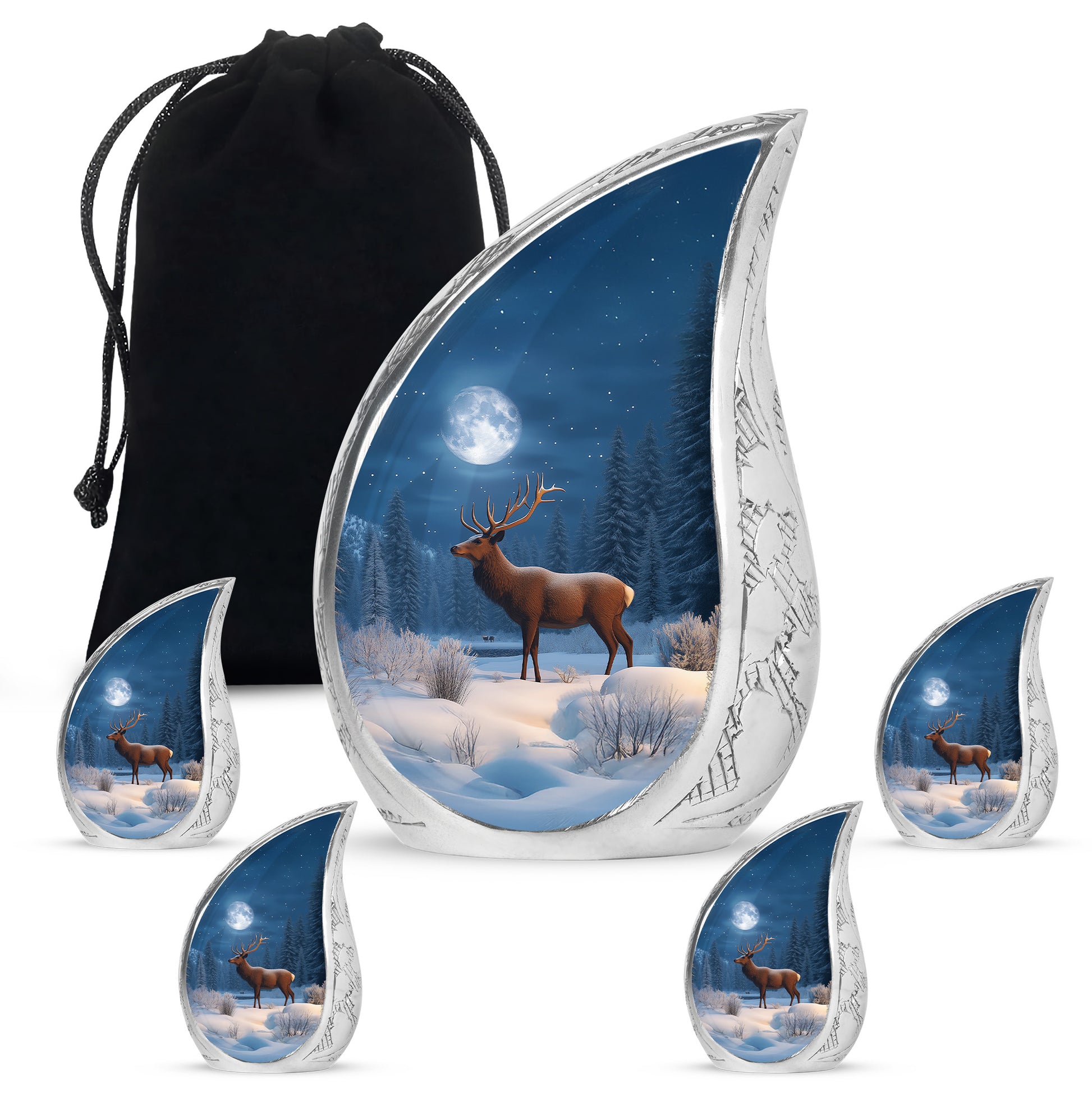 Cornflower Blue Deer Cremation Urn side profile showing urn shape - graceful tear-shaped urn with deer motif - memorial set with one large and four small urns