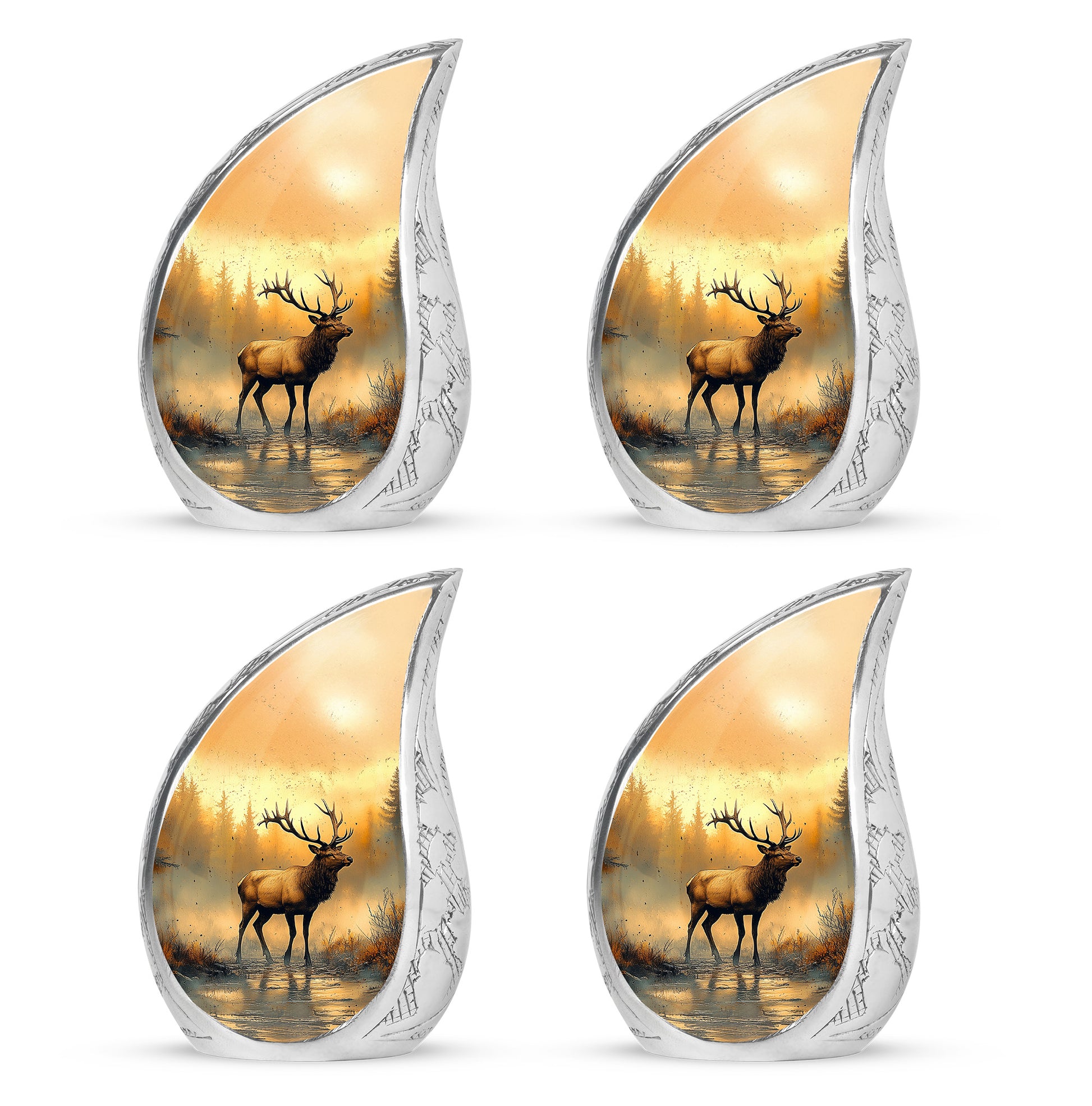 Royal Gold Deer Cremation Urn close-up of engraving and surface detail - smooth teardrop contour featuring deer art - 10 inch aluminum urn for cremated remains