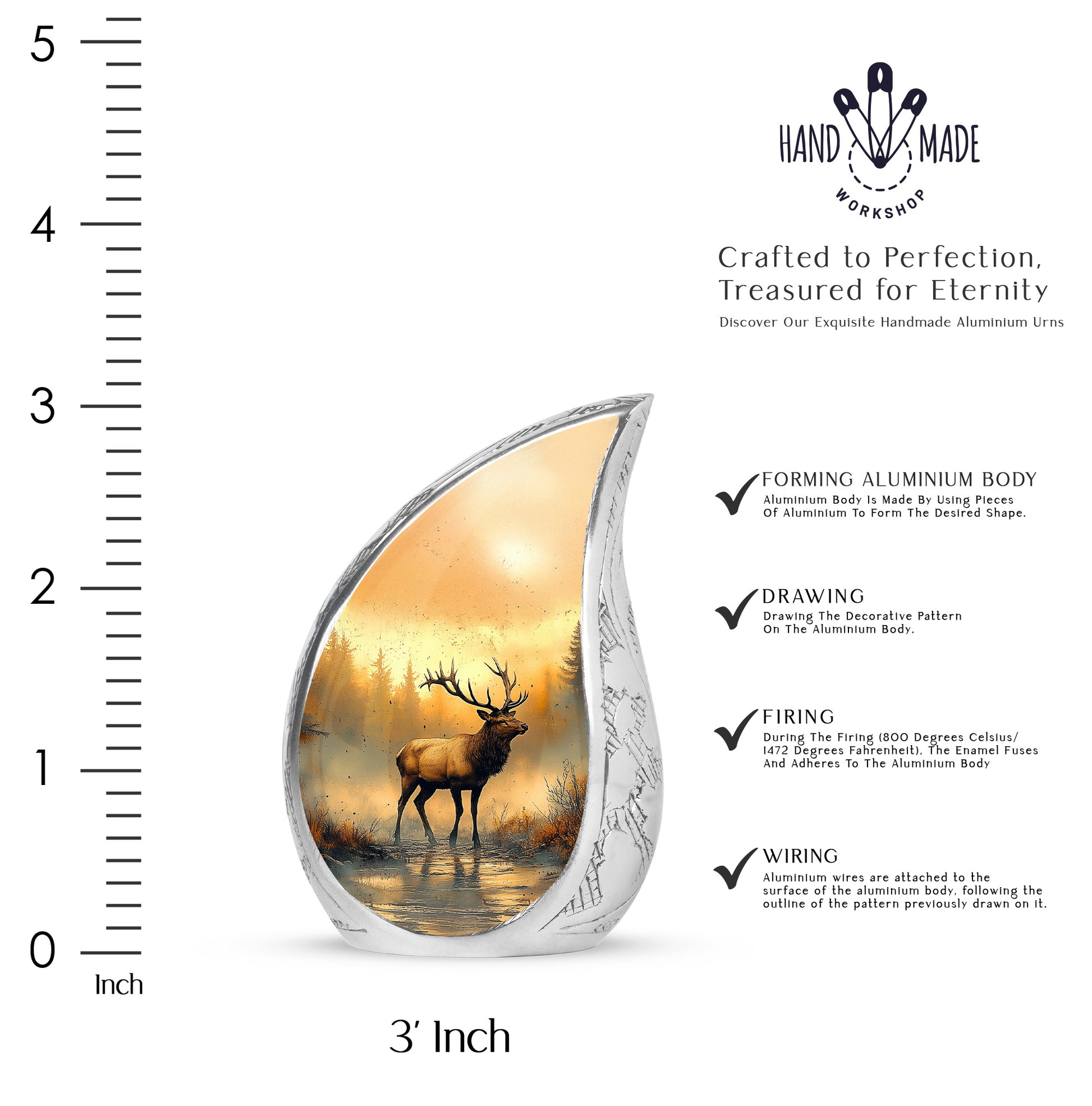 Sunrise Gold Deer Cremation Urn angled view of lid and engraved motif - rounded teardrop deer design with delicate detail - mini keepsake memorial for portion of cremation ashes