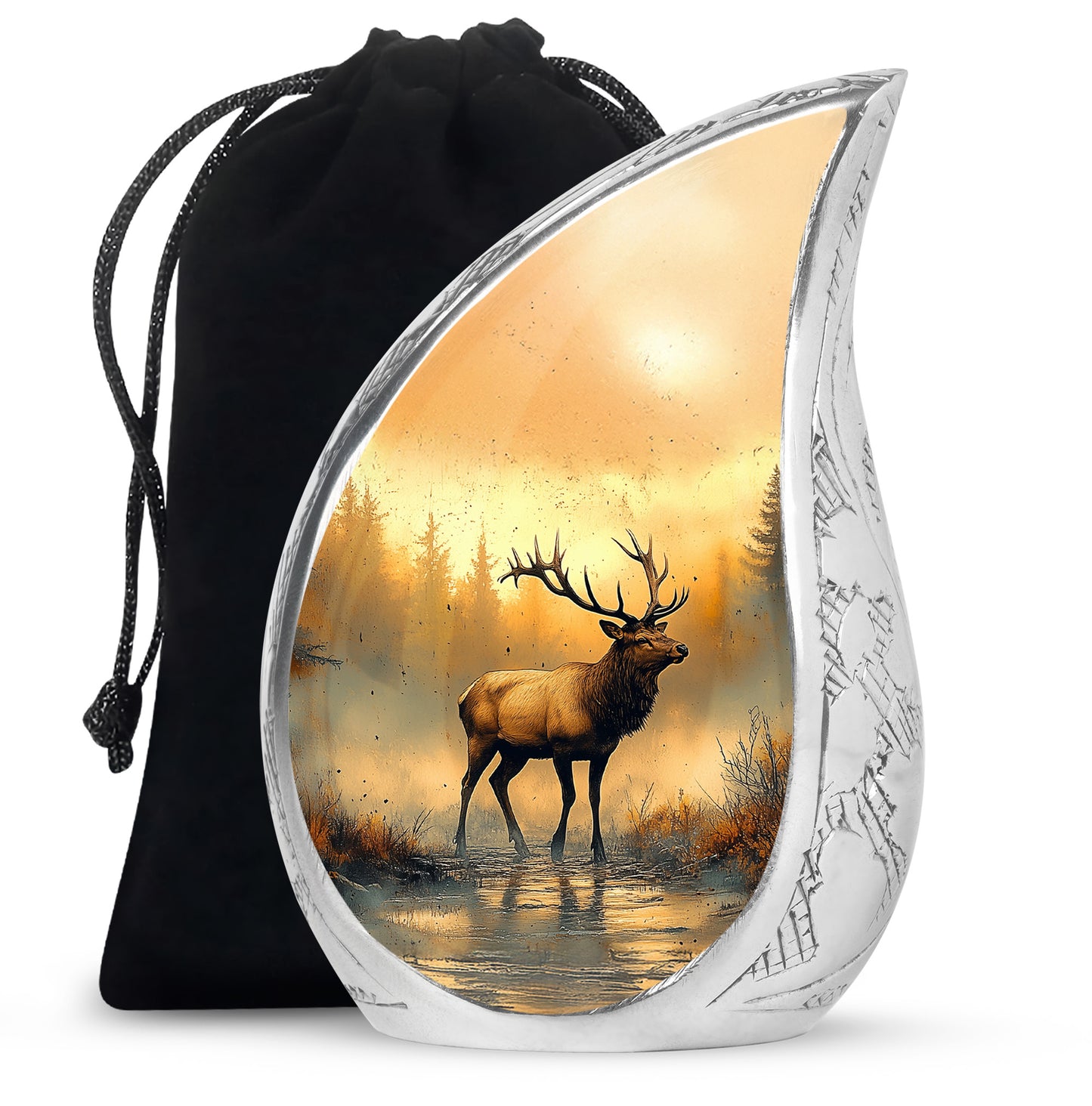 Matte Gold Deer Cremation Urn front view showing detailed design - smooth teardrop contour featuring deer art - full-size 10 inch 200 cubic inch adult cremation urn