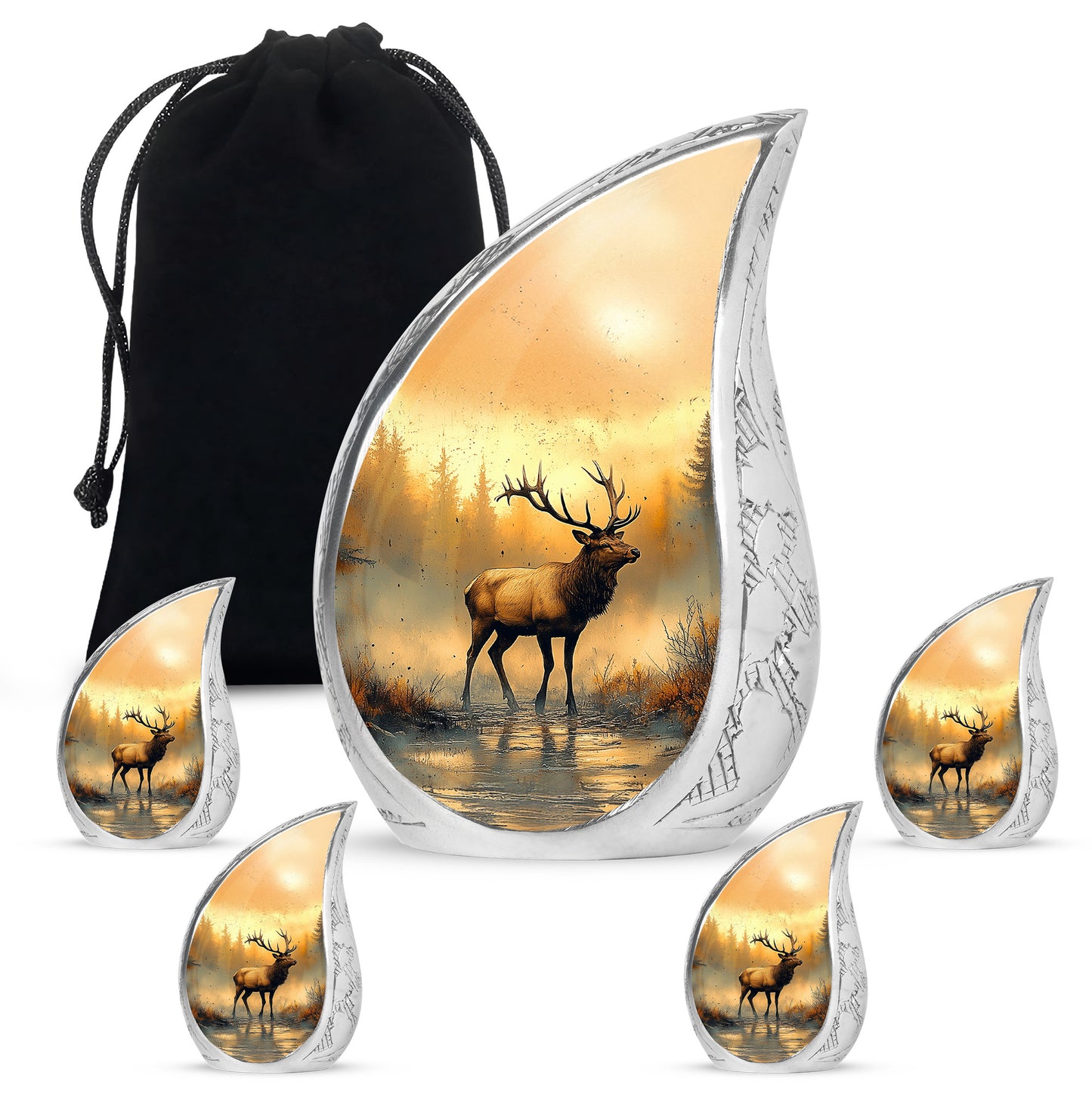 Amber Gold Deer Cremation Urn side profile showing urn shape - flowing teardrop deer silhouette on curved aluminum - memorial set with one large and four small urns
