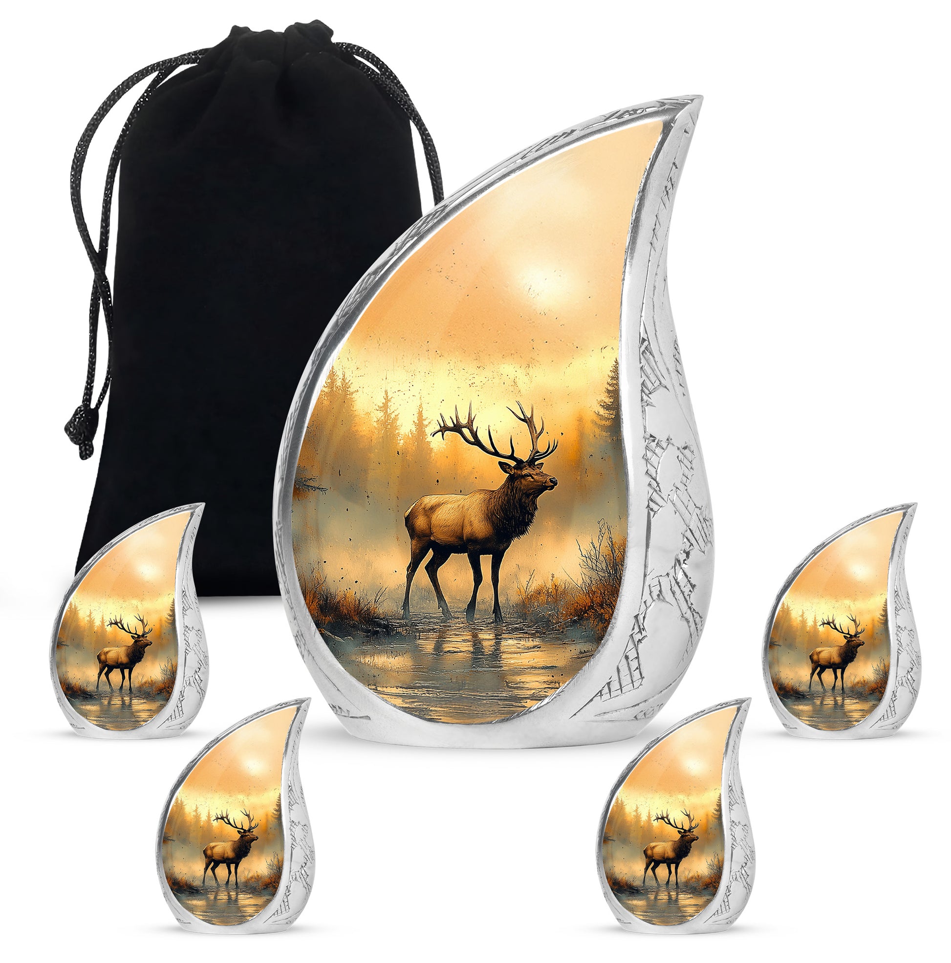 Amber Gold Deer Cremation Urn side profile showing urn shape - flowing teardrop deer silhouette on curved aluminum - memorial set with one large and four small urns