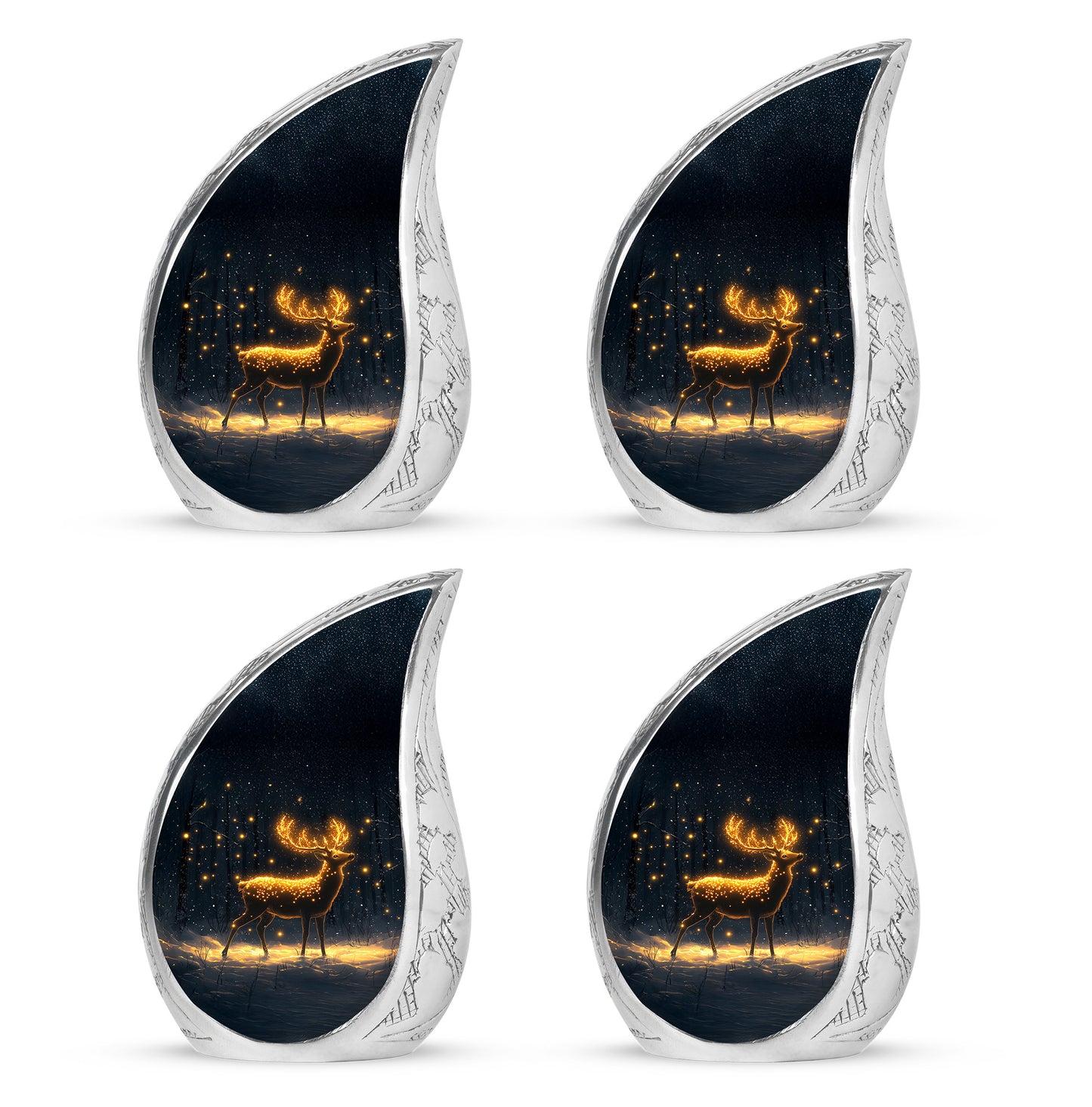 Deep Black Deer Cremation Urn close-up of engraving and surface detail - rounded teardrop deer design with delicate detail - 10 inch aluminum urn for cremated remains