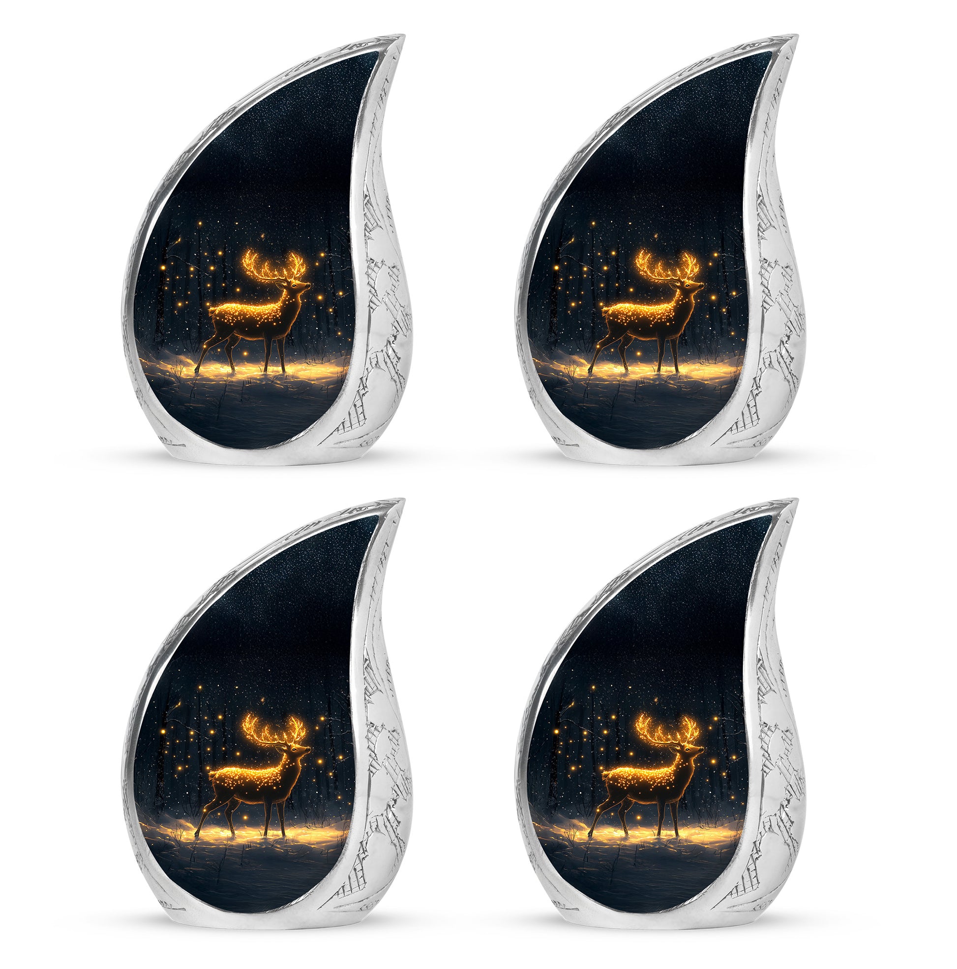 Deep Black Deer Cremation Urn close-up of engraving and surface detail - rounded teardrop deer design with delicate detail - 10 inch aluminum urn for cremated remains