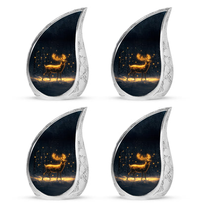 Deep Black Deer Cremation Urn close-up of engraving and surface detail - rounded teardrop deer design with delicate detail - 10 inch aluminum urn for cremated remains