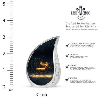 Jet Black Deer Cremation Urn angled view of lid and engraved motif - rounded teardrop deer design with delicate detail - mini keepsake memorial for portion of cremation ashes