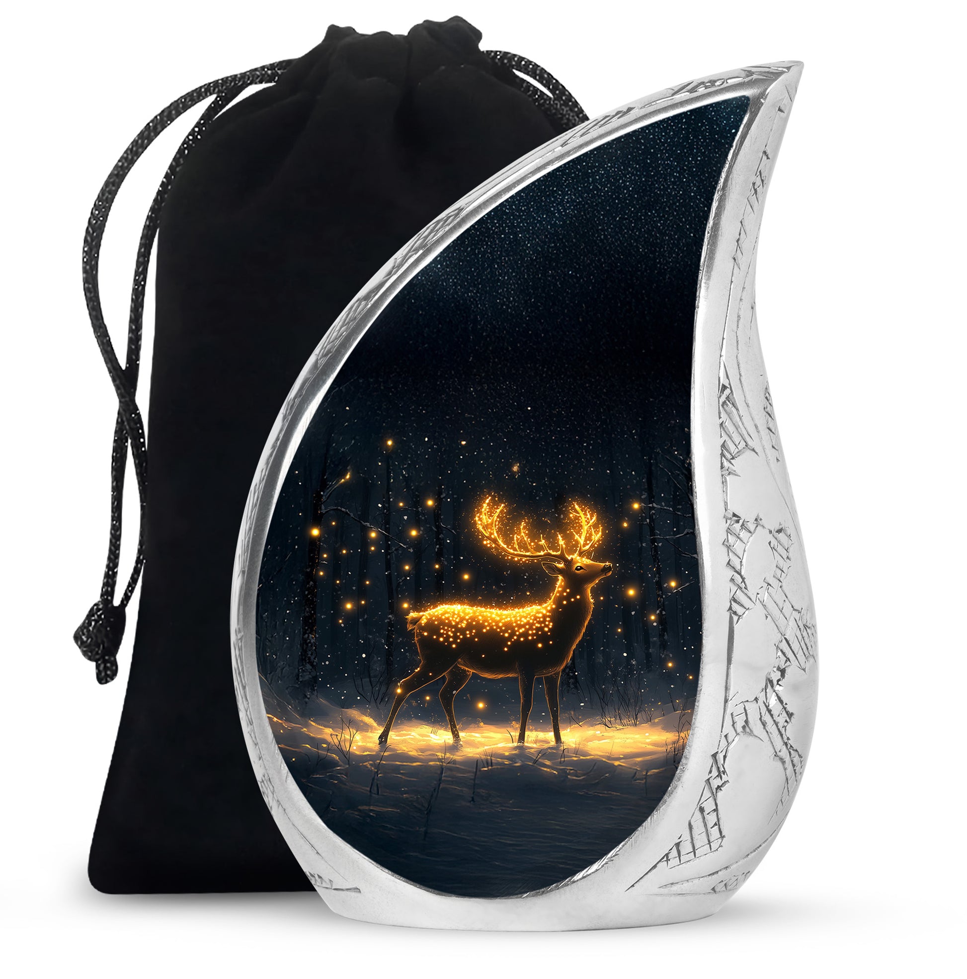 Midnight Black Deer Cremation Urn front view showing detailed design - graceful tear-shaped urn with deer motif - full-size 10 inch 200 cubic inch adult cremation urn