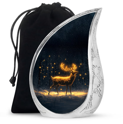 Midnight Black Deer Cremation Urn front view showing detailed design - graceful tear-shaped urn with deer motif - full-size 10 inch 200 cubic inch adult cremation urn