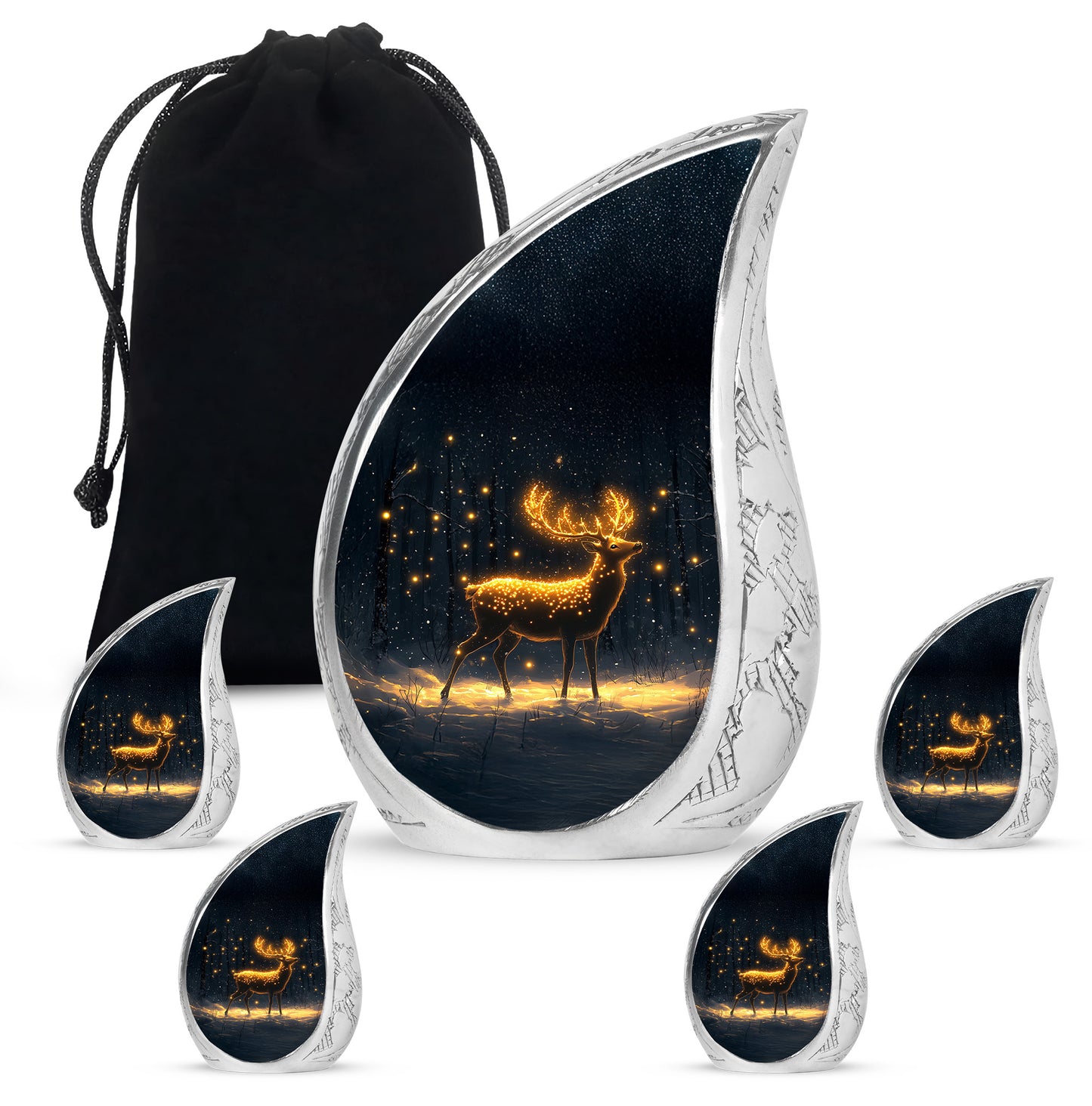 Ebony Deer Cremation Urn side profile showing urn shape - flowing teardrop deer silhouette on curved aluminum - memorial set with one large and four small urns