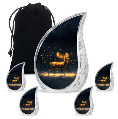 Ebony Deer Cremation Urn side profile showing urn shape - flowing teardrop deer silhouette on curved aluminum - memorial set with one large and four small urns