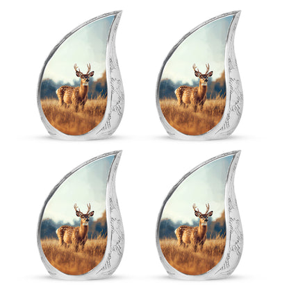 Frosted Silver Deer Cremation Urn close-up of engraving and surface detail - graceful tear-shaped urn with deer motif - 10 inch aluminum urn for cremated remains