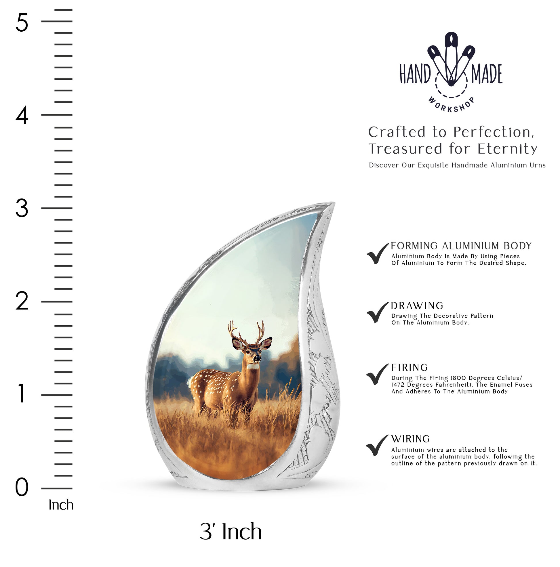 Platinum Silver Deer Cremation Urn angled view of lid and engraved motif - rounded teardrop deer design with delicate detail - mini keepsake memorial for portion of cremation ashes