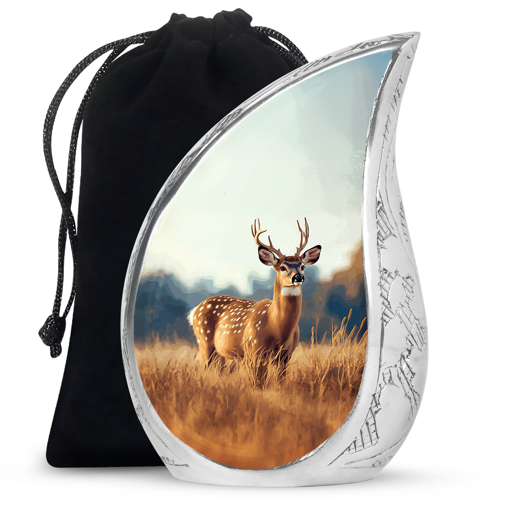 Polished Silver Deer Cremation Urn front view showing detailed design - smooth teardrop contour featuring deer art - full-size 10 inch 200 cubic inch adult cremation urn