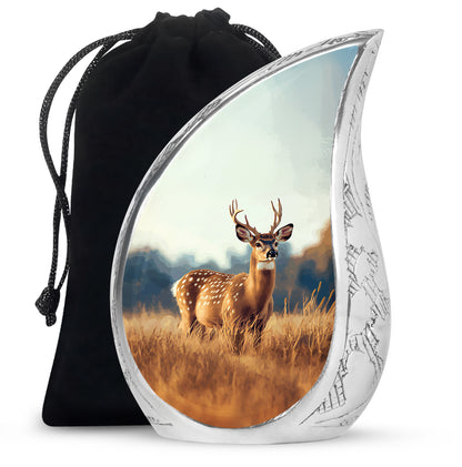 Polished Silver Deer Cremation Urn front view showing detailed design - smooth teardrop contour featuring deer art - full-size 10 inch 200 cubic inch adult cremation urn