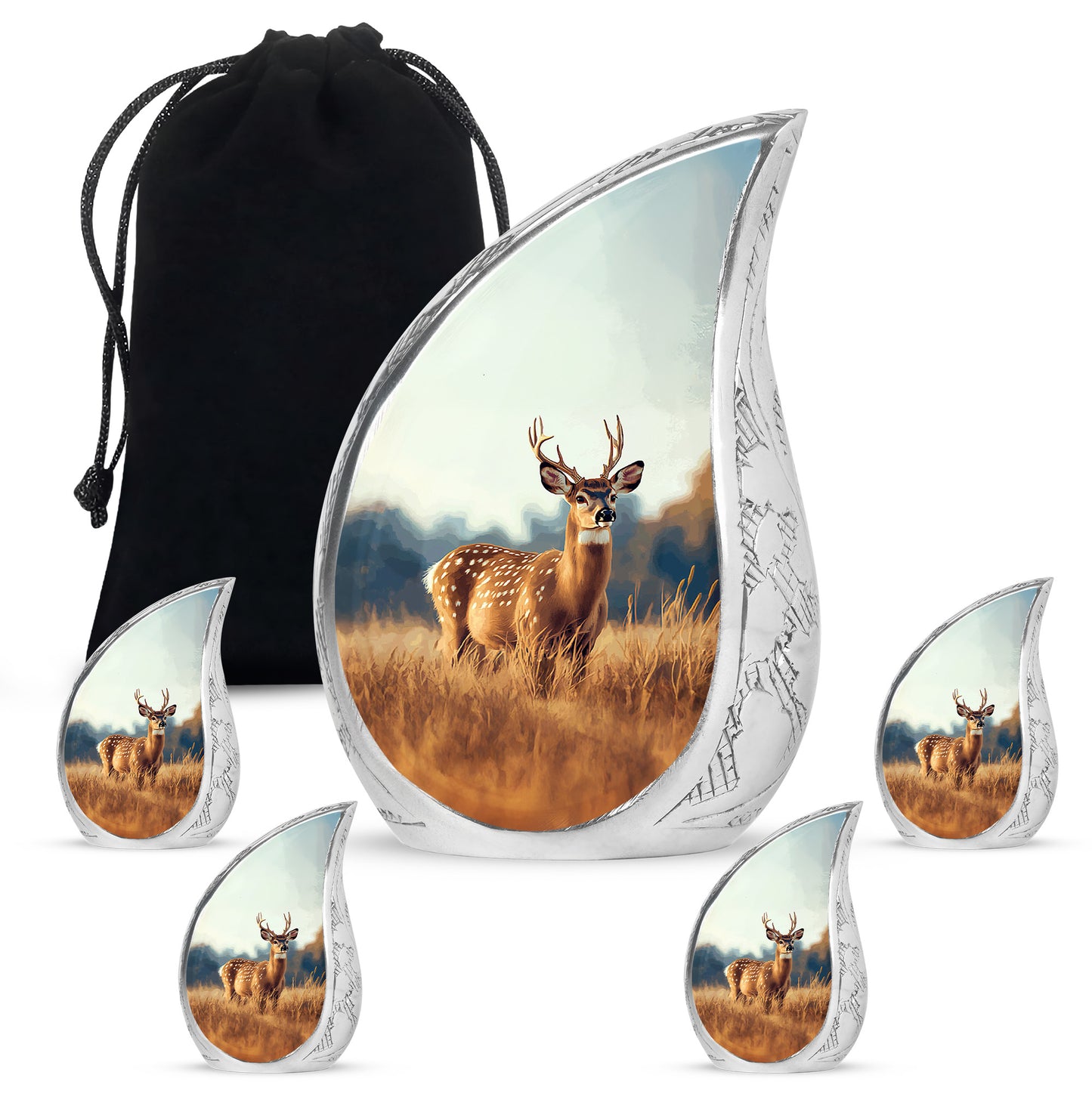 Brushed Silver Deer Cremation Urn side profile showing urn shape - rounded teardrop deer design with delicate detail - memorial set with one large and four small urns