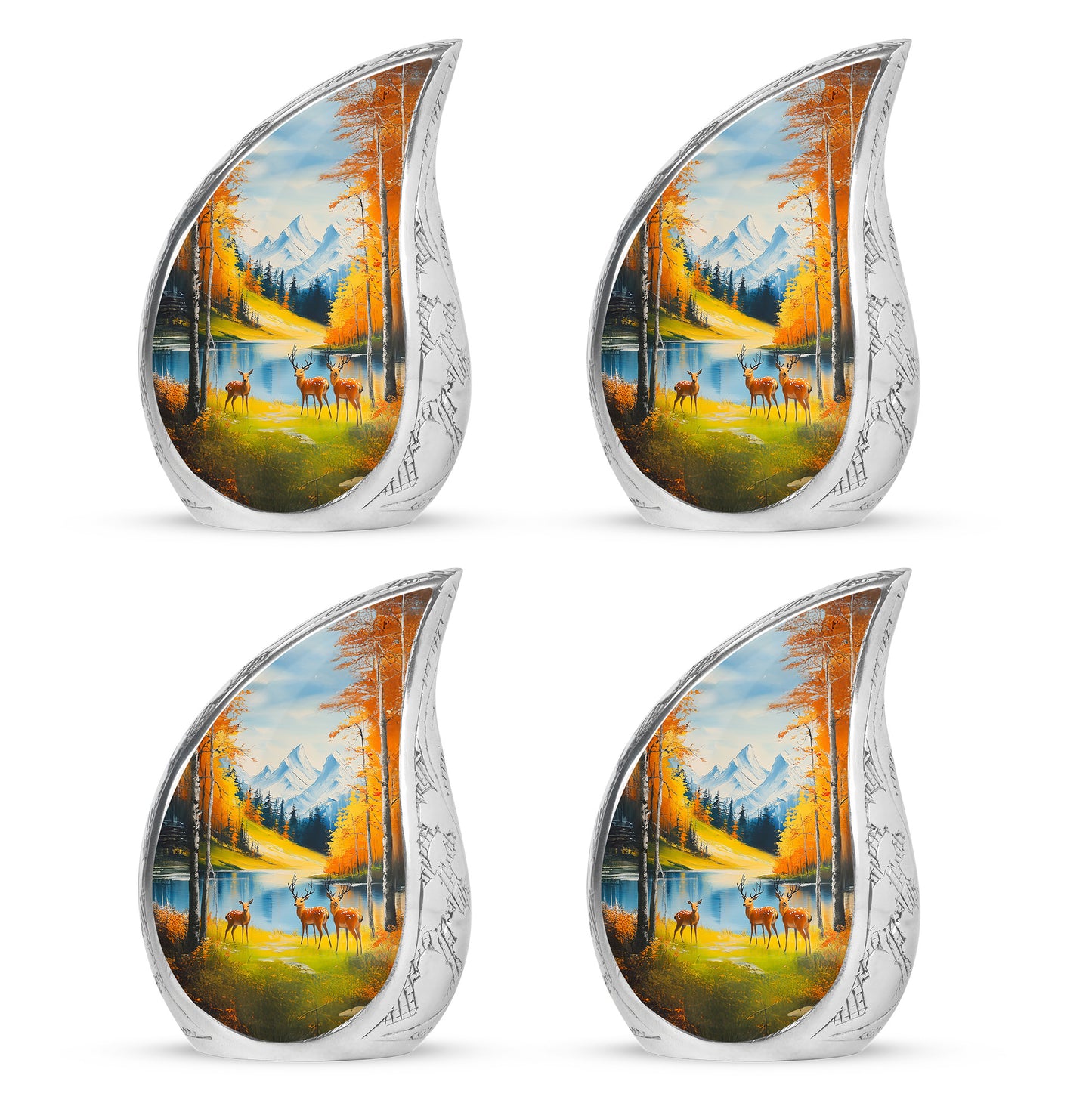 Soft Teal Deer Cremation Urn close-up of engraving and surface detail - rounded teardrop deer design with delicate detail - 10 inch aluminum urn for cremated remains