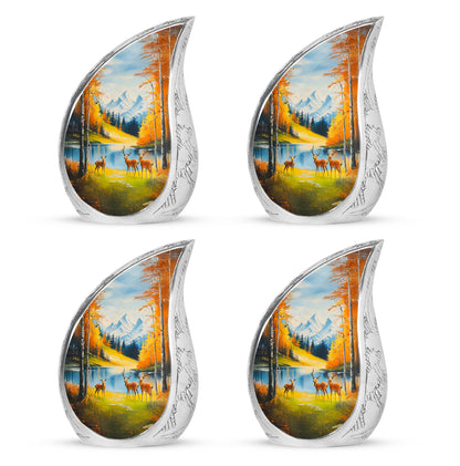 Soft Teal Deer Cremation Urn close-up of engraving and surface detail - rounded teardrop deer design with delicate detail - 10 inch aluminum urn for cremated remains