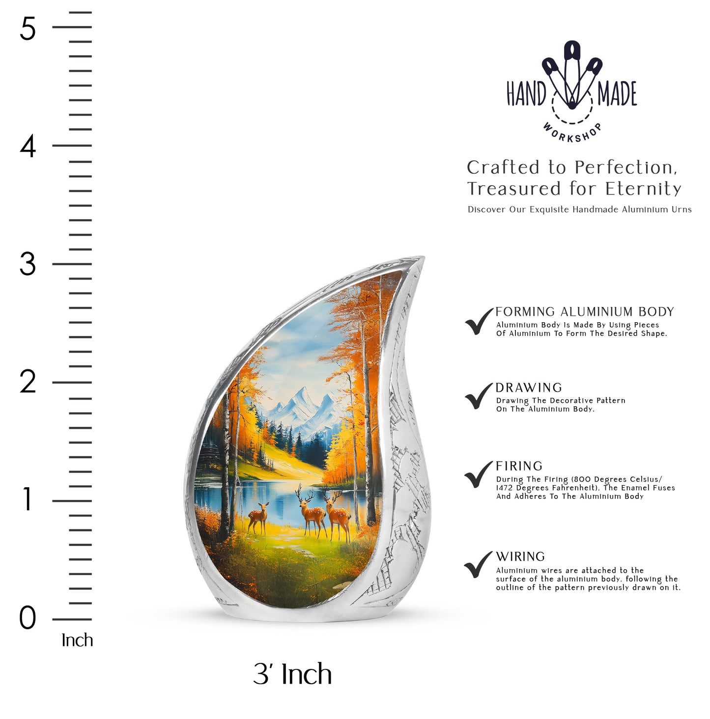 Mystic Teal Deer Cremation Urn angled view of lid and engraved motif - smooth teardrop contour featuring deer art - mini keepsake memorial for portion of cremation ashes