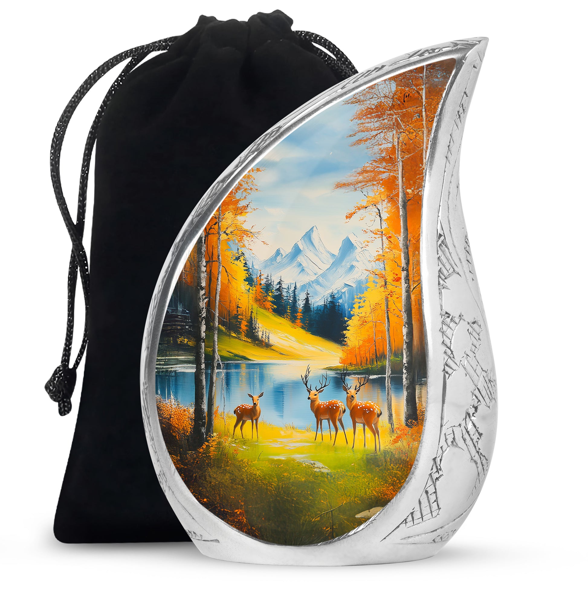Cool Teal Deer Cremation Urn front view showing detailed design - rounded teardrop deer design with delicate detail - full-size 10 inch 200 cubic inch adult cremation urn