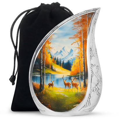 Cool Teal Deer Cremation Urn front view showing detailed design - rounded teardrop deer design with delicate detail - full-size 10 inch 200 cubic inch adult cremation urn