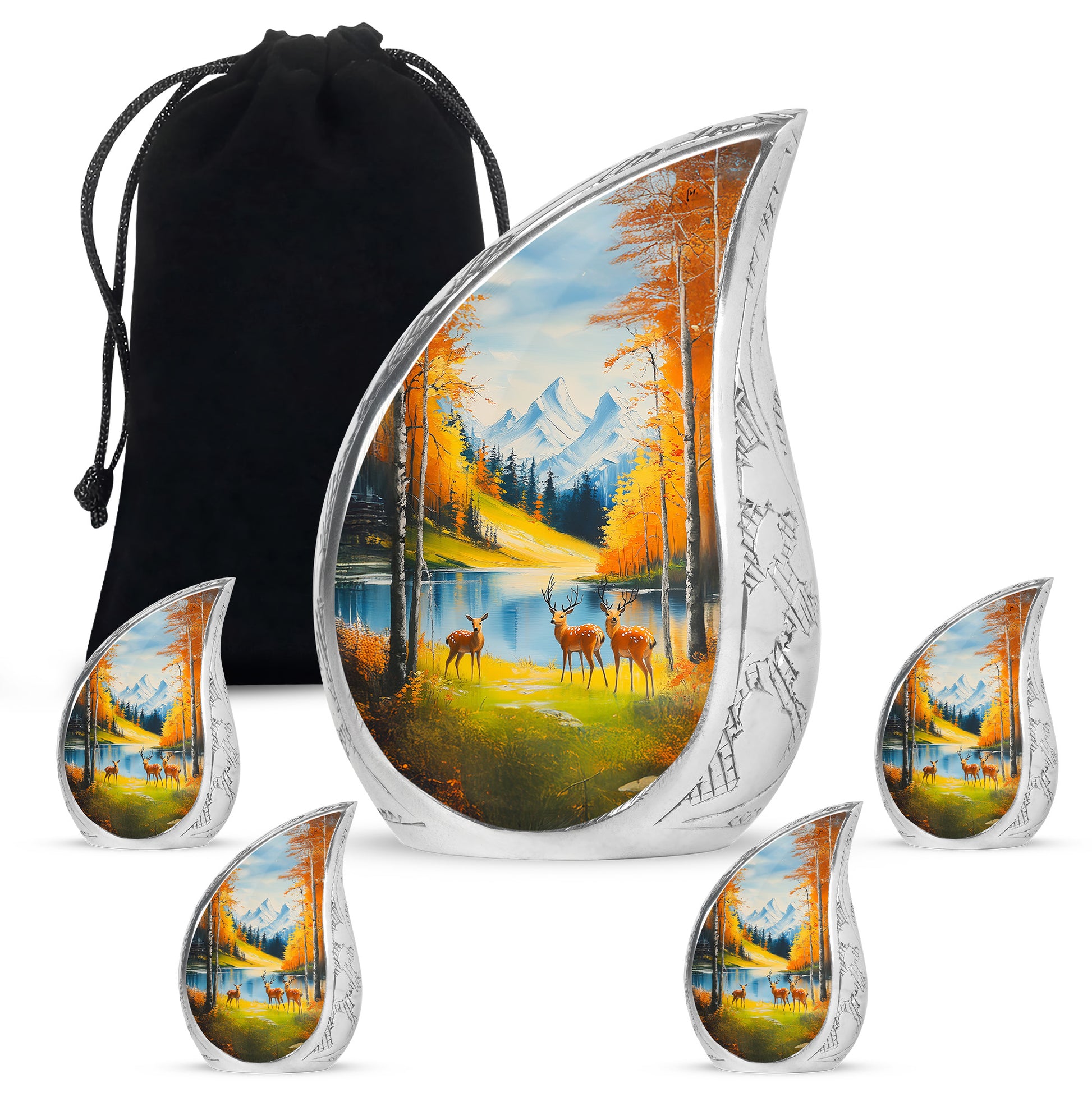 Sea Green Teal Deer Cremation Urn side profile showing urn shape - flowing teardrop deer silhouette on curved aluminum - memorial set with one large and four small urns