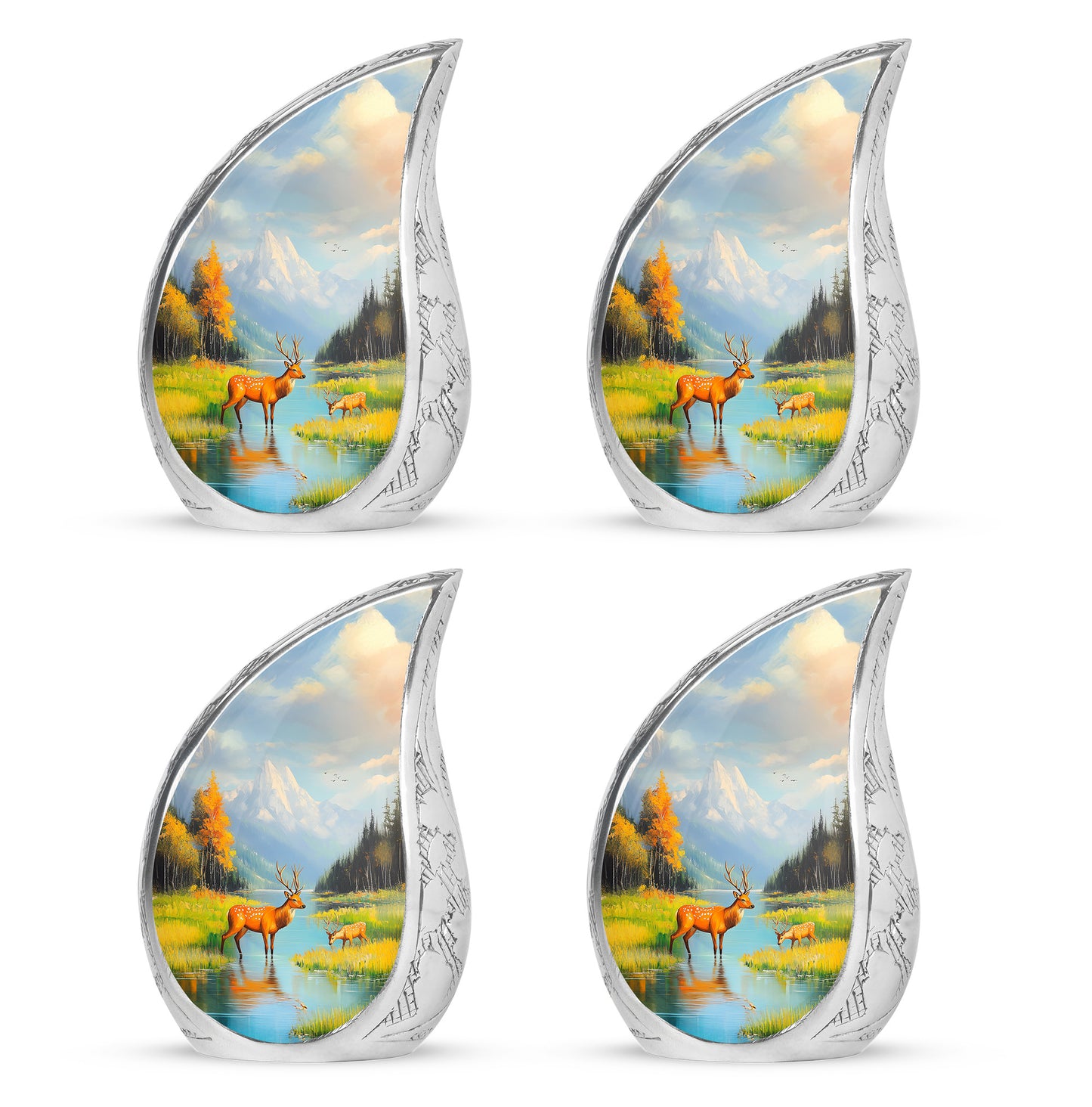 Sky Blue Deer Cremation Urn close-up of engraving and surface detail - rounded teardrop deer design with delicate detail - 10 inch aluminum urn for cremated remains