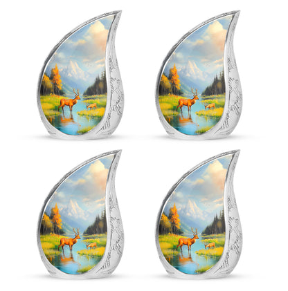 Sky Blue Deer Cremation Urn close-up of engraving and surface detail - rounded teardrop deer design with delicate detail - 10 inch aluminum urn for cremated remains