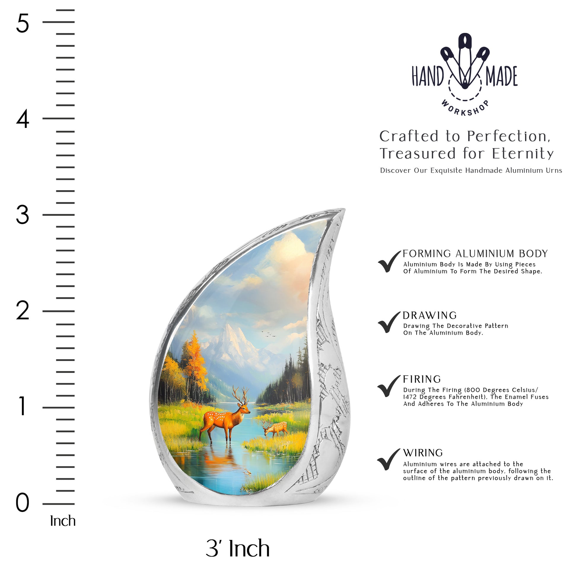 Powder Blue Deer Cremation Urn angled view of lid and engraved motif - rounded teardrop deer design with delicate detail - mini keepsake memorial for portion of cremation ashes