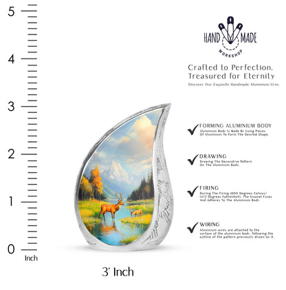 Powder Blue Deer Cremation Urn angled view of lid and engraved motif - rounded teardrop deer design with delicate detail - mini keepsake memorial for portion of cremation ashes