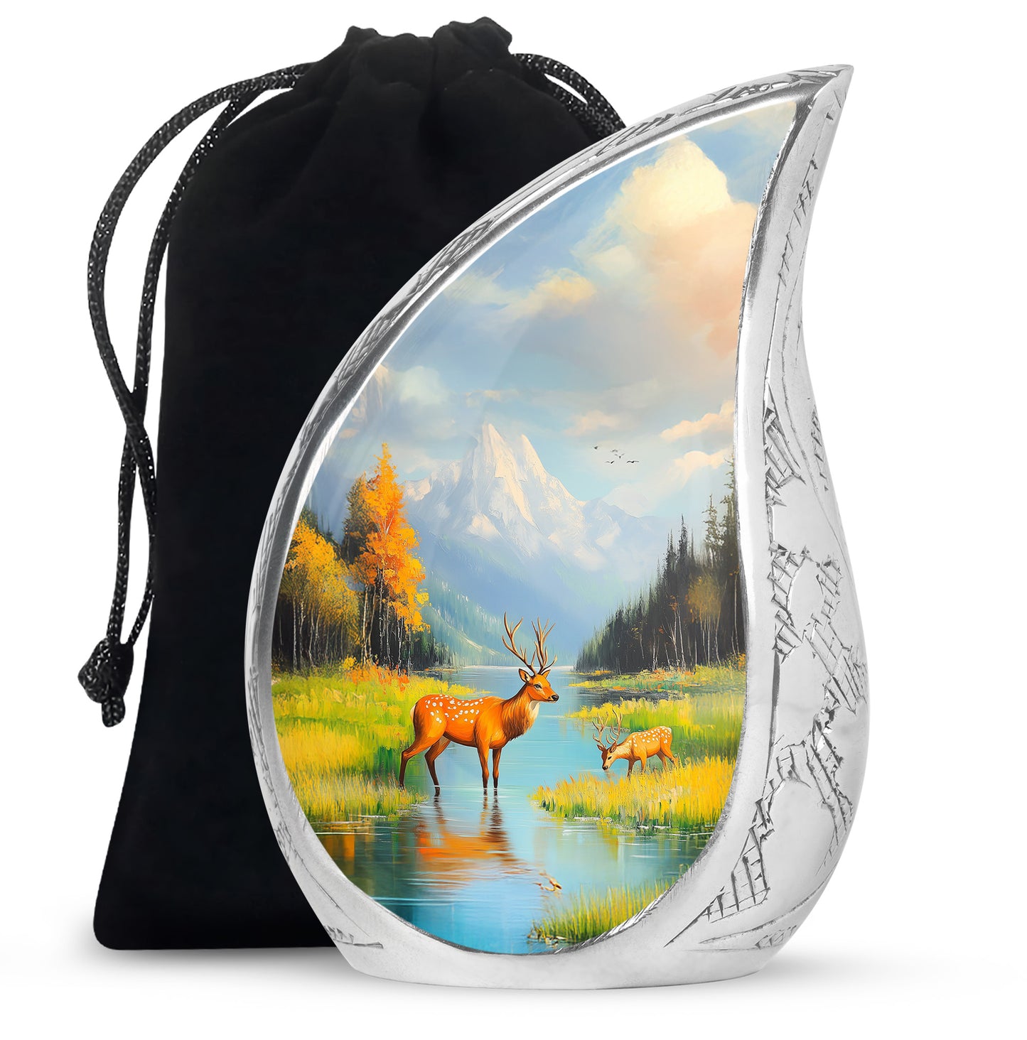 Cobalt Blue Deer Cremation Urn front view showing detailed design - smooth teardrop contour featuring deer art - full-size 10 inch 200 cubic inch adult cremation urn