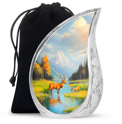 Cobalt Blue Deer Cremation Urn front view showing detailed design - smooth teardrop contour featuring deer art - full-size 10 inch 200 cubic inch adult cremation urn