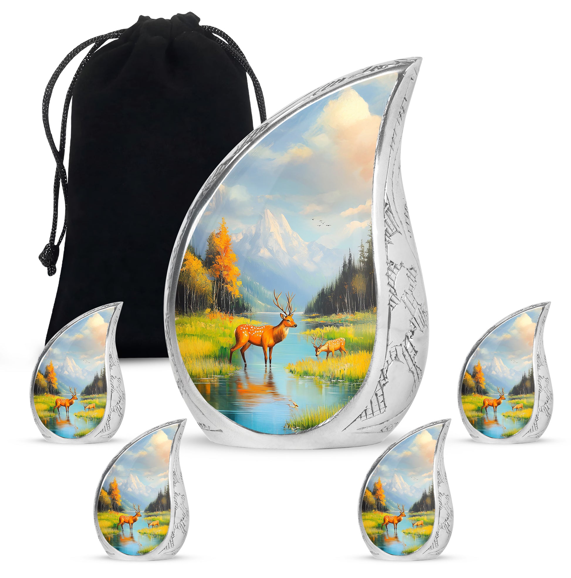 Royal Blue Deer Cremation Urn side profile showing urn shape - graceful tear-shaped urn with deer motif - memorial set with one large and four small urns