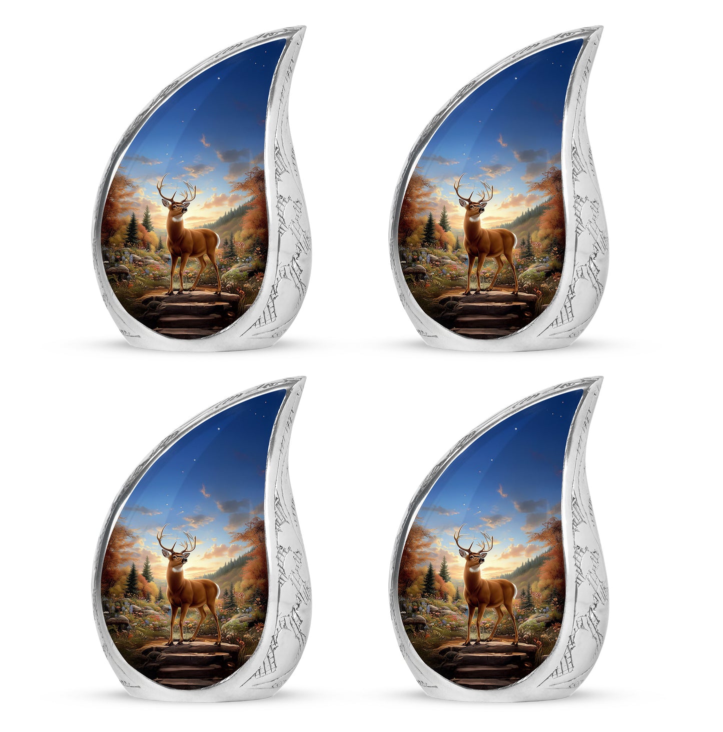 Twilight Blue Deer Cremation Urn close-up of engraving and surface detail - smooth teardrop contour featuring deer art - 10 inch aluminum urn for cremated remains
