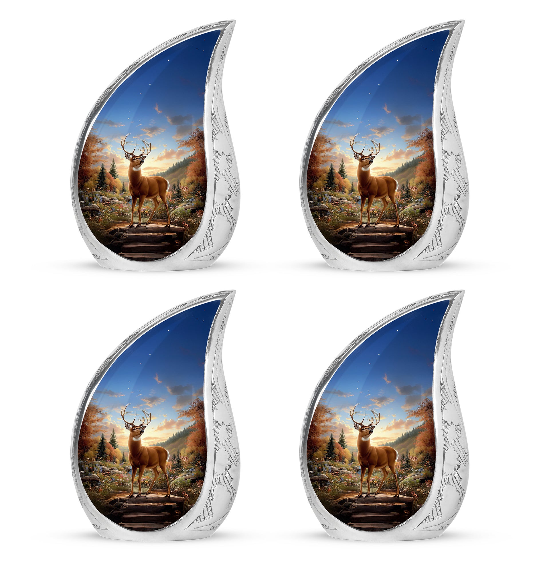 Twilight Blue Deer Cremation Urn close-up of engraving and surface detail - smooth teardrop contour featuring deer art - 10 inch aluminum urn for cremated remains