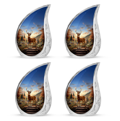 Twilight Blue Deer Cremation Urn close-up of engraving and surface detail - smooth teardrop contour featuring deer art - 10 inch aluminum urn for cremated remains